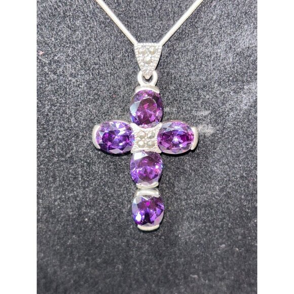 Vintage Jewelry - 10 carat Amethyst Cross Pendant Marcasite sterling silver vintage rare